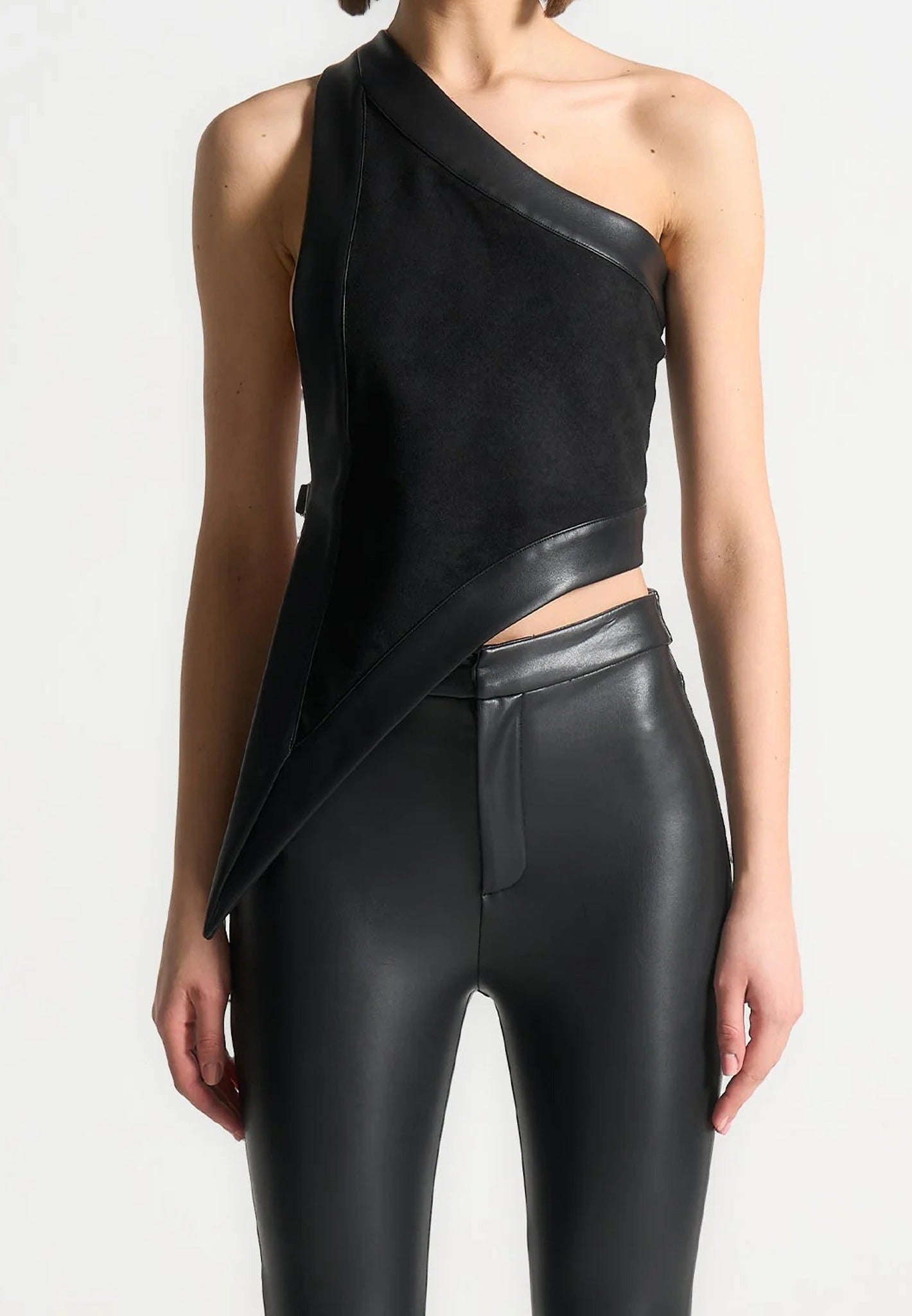 Suede & Leather Asymmetric Backless Top - Black