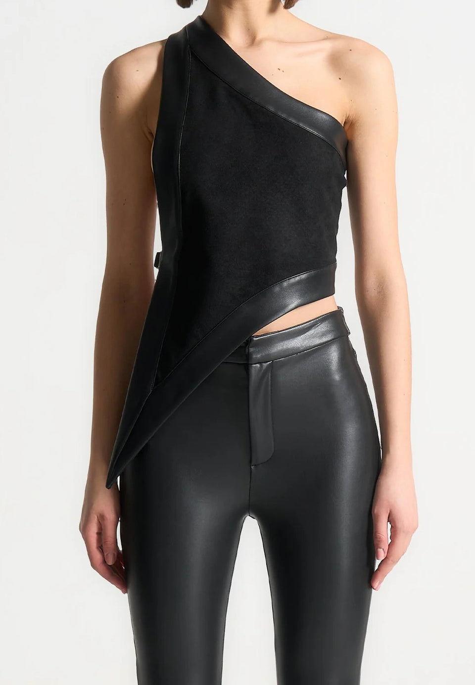 Suede & Leather Asymmetric Backless Top - Black