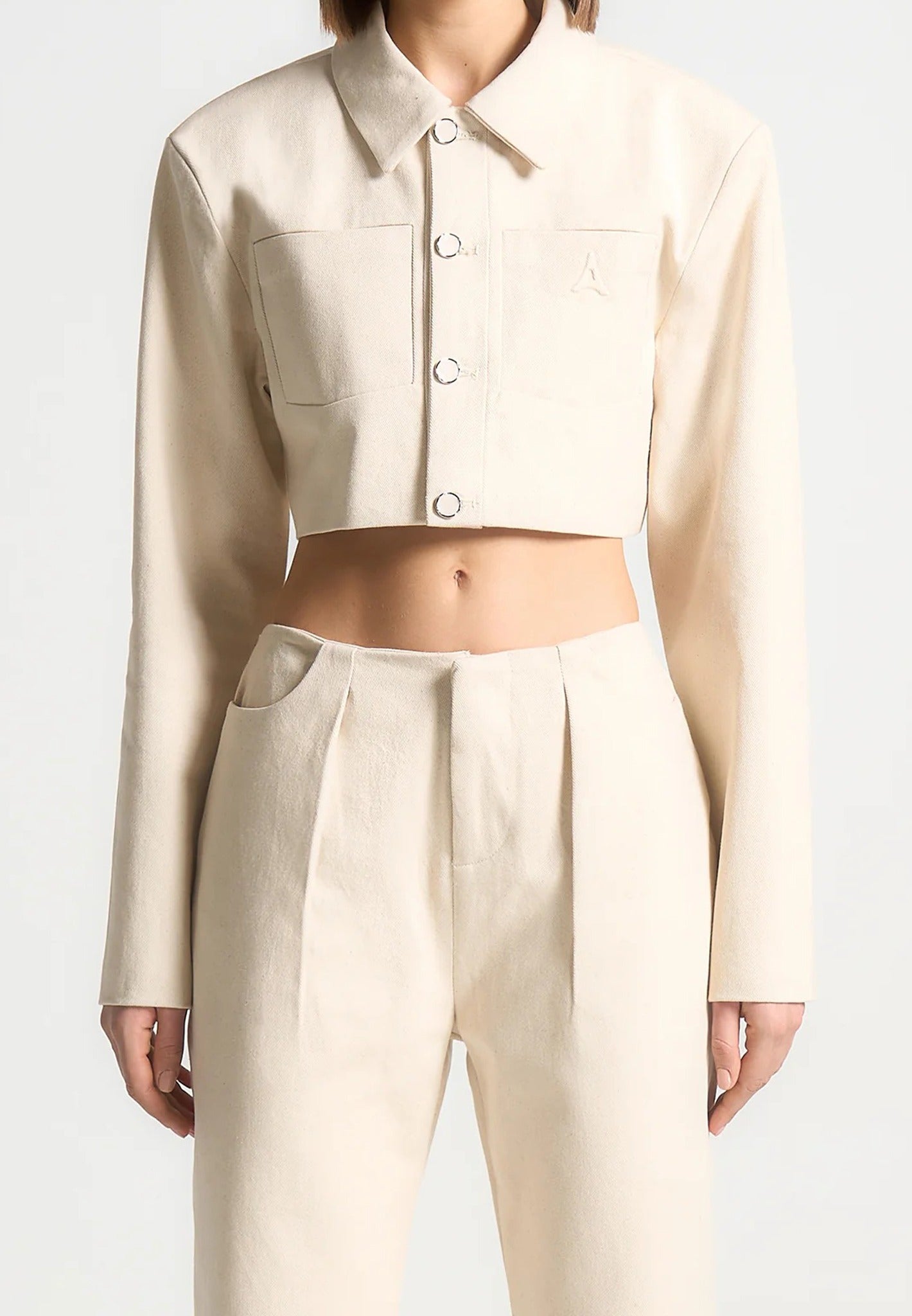 Wide Shoulder Cropped Denim Jacket - Cream 