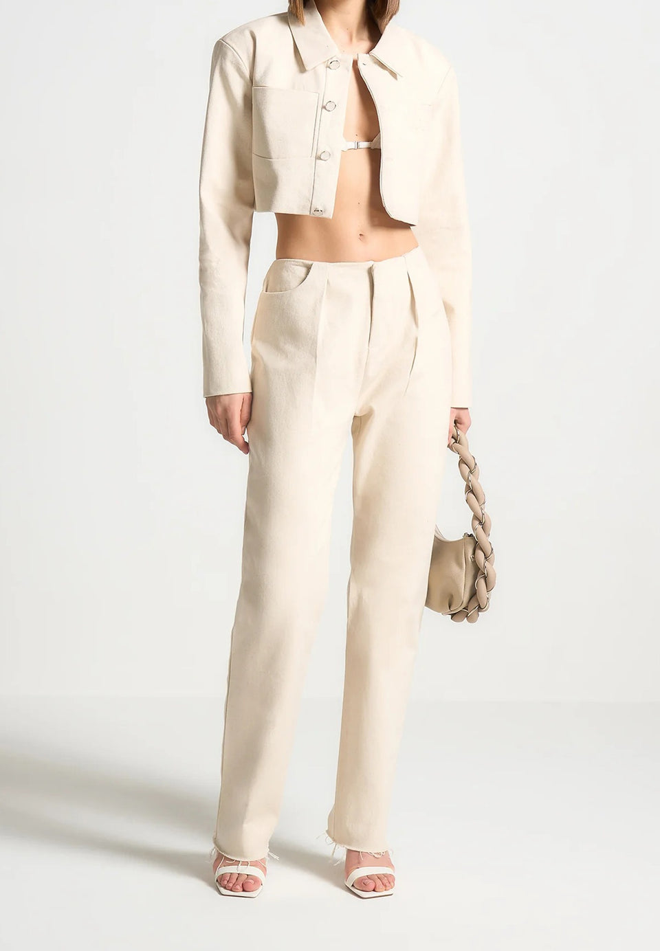 Pleated Mid Rise Straight Leg Jeans - Cream