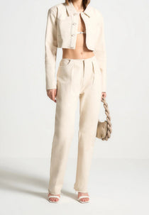 Pleated Mid Rise Straight Leg Jeans - Cream