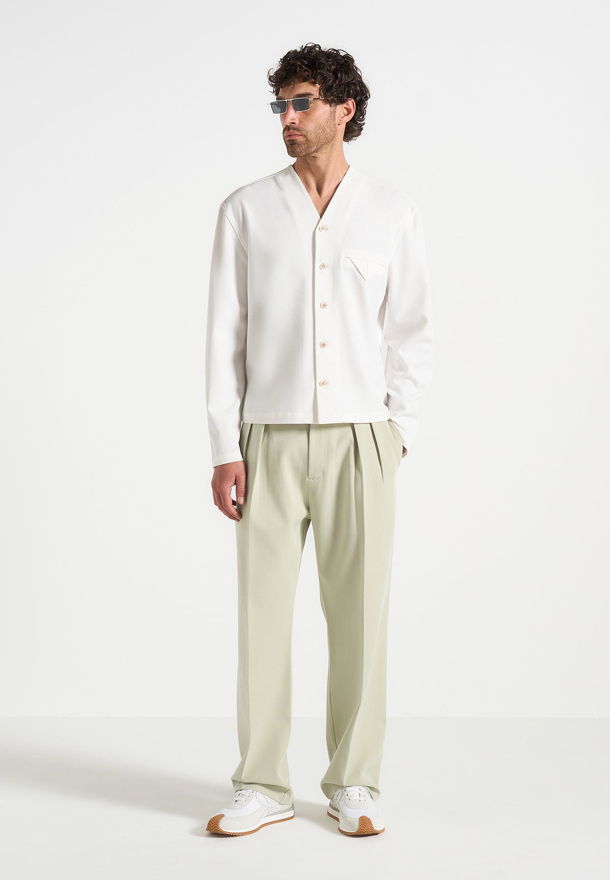 Pierre - Relaxed Fit Hatched Pleated Tailored Trousers - Sage