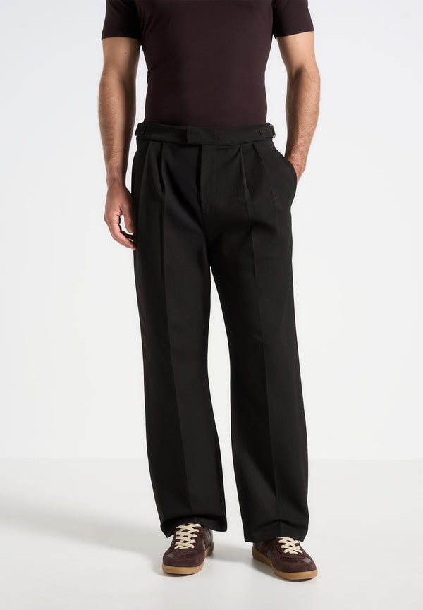 Pierre - Relaxed Fit Textured Pleated Tailored Trousers - Dark Brown