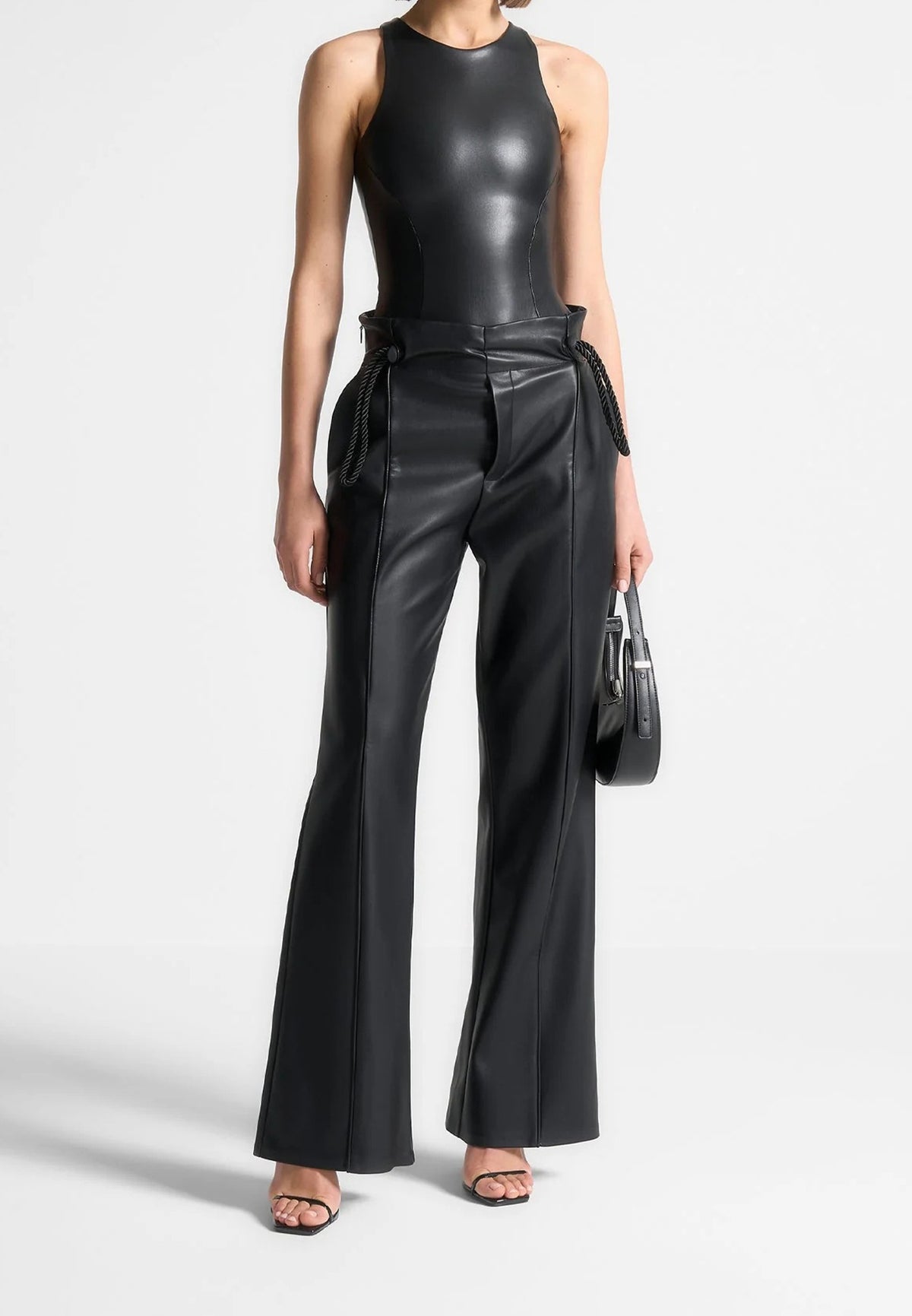 Josie - Leather Racer Neck Bodysuit - Black