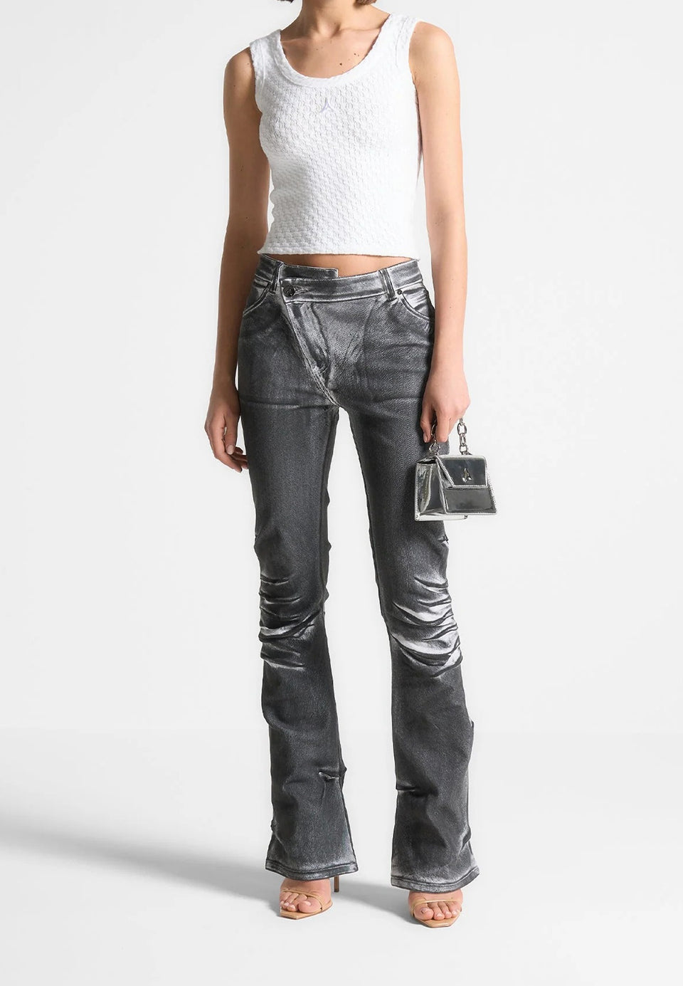 Oil Print Tacked Fit and Flare Jeans - White/Grey