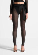 Ribbed Sheer Leggings with Tie - Black