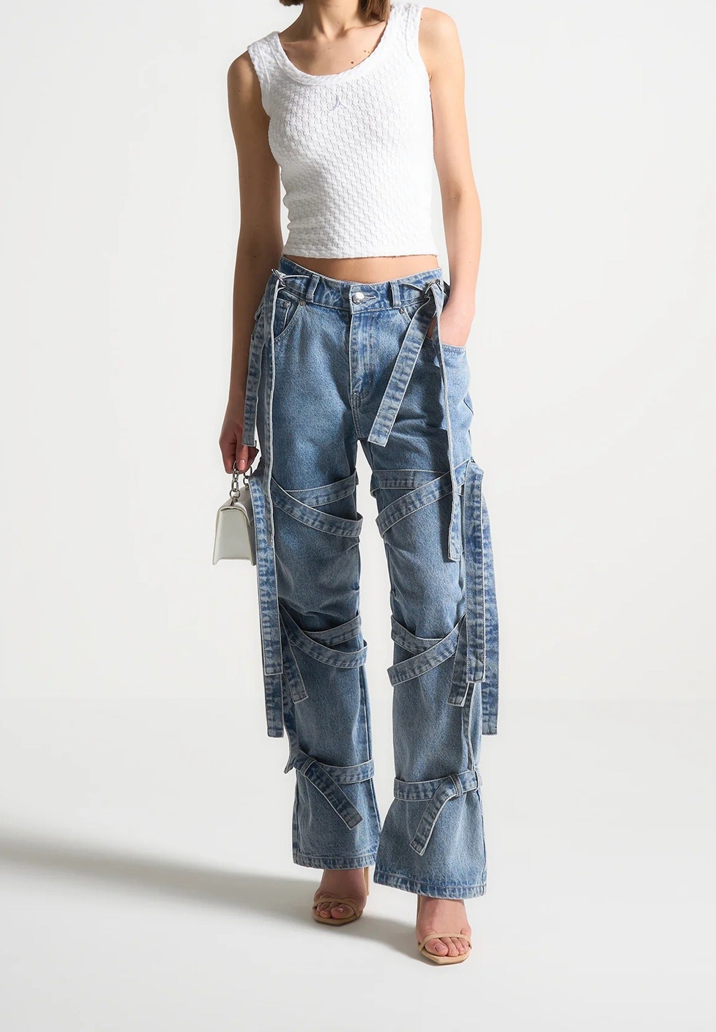 Talia - Denim Strap Cargo Jeans - Mid Blue