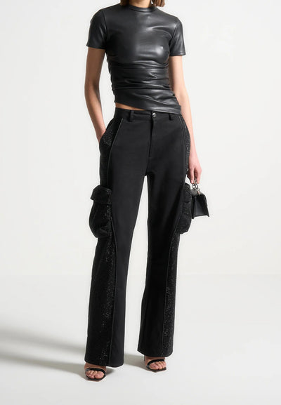 Rhinestone Contour Cargo Pants - Black