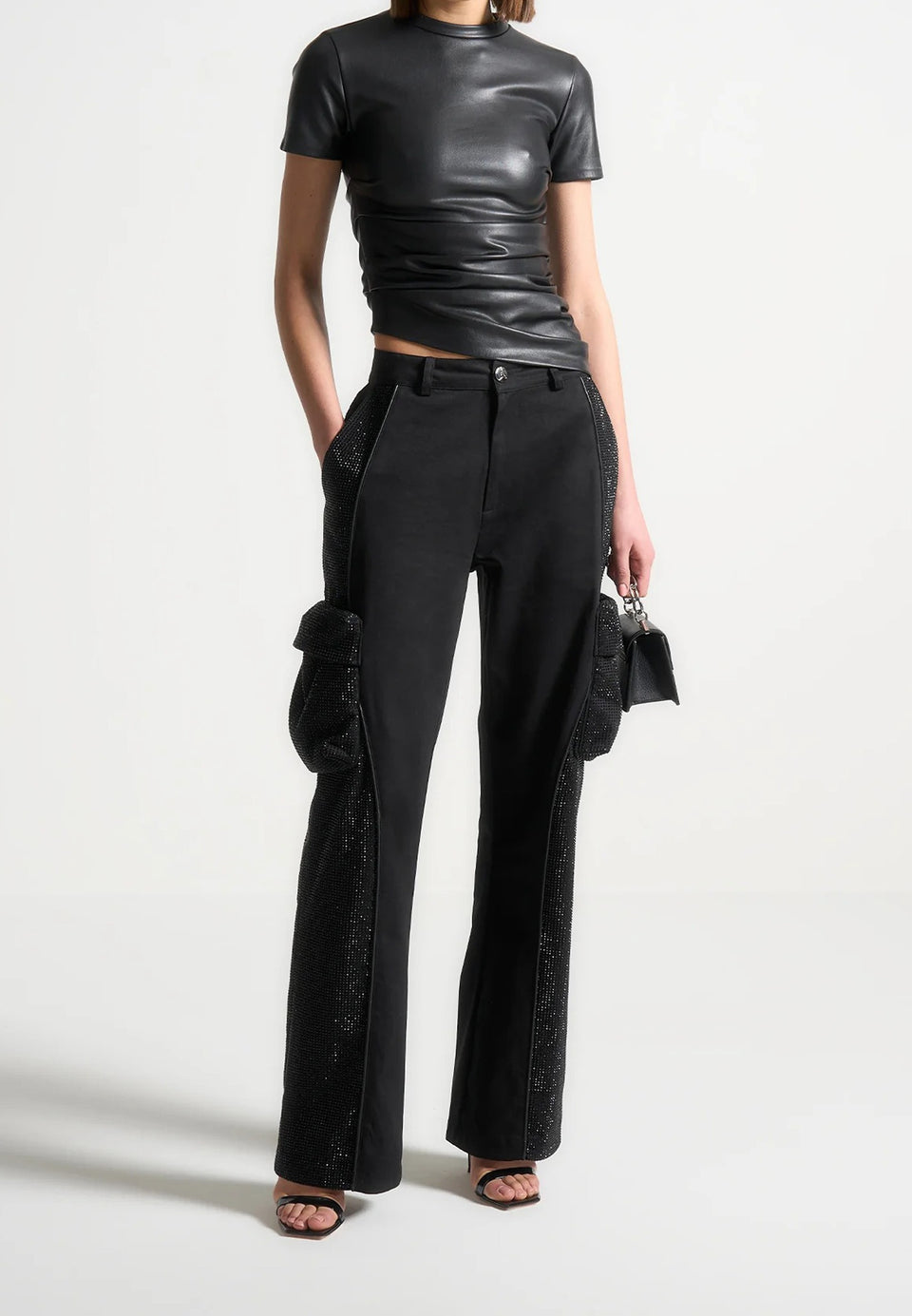 Rhinestone Contour Cargo Pants - Black