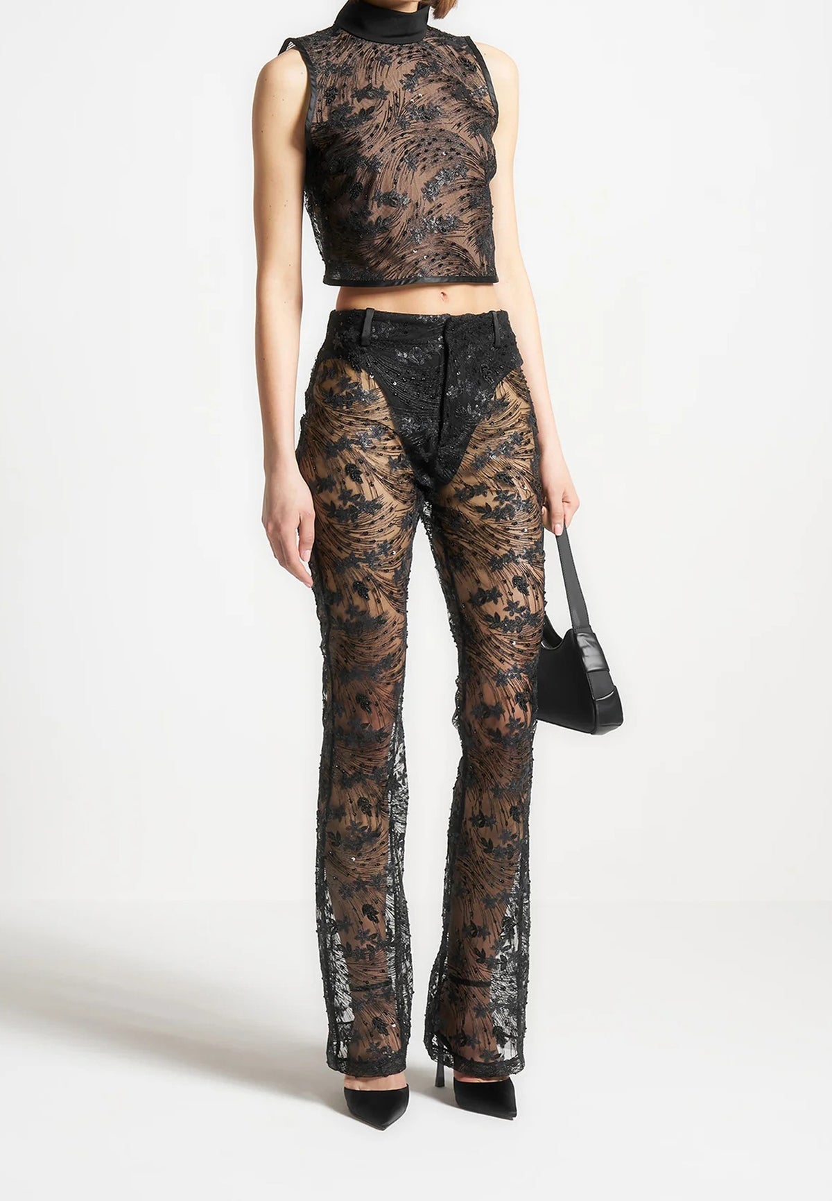 Embellished Lace Fit and Flare Trousers - Black