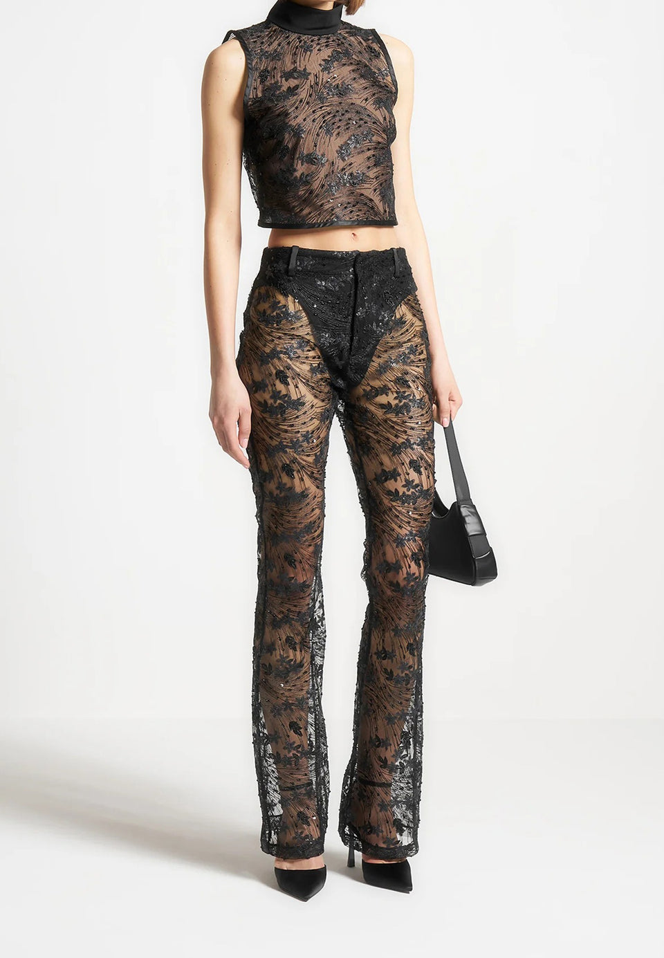 Embellished Lace Fit and Flare Trousers - Black