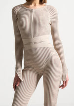 Knitted Two Tone Jumpsuit with Belt - Beige/Taupe