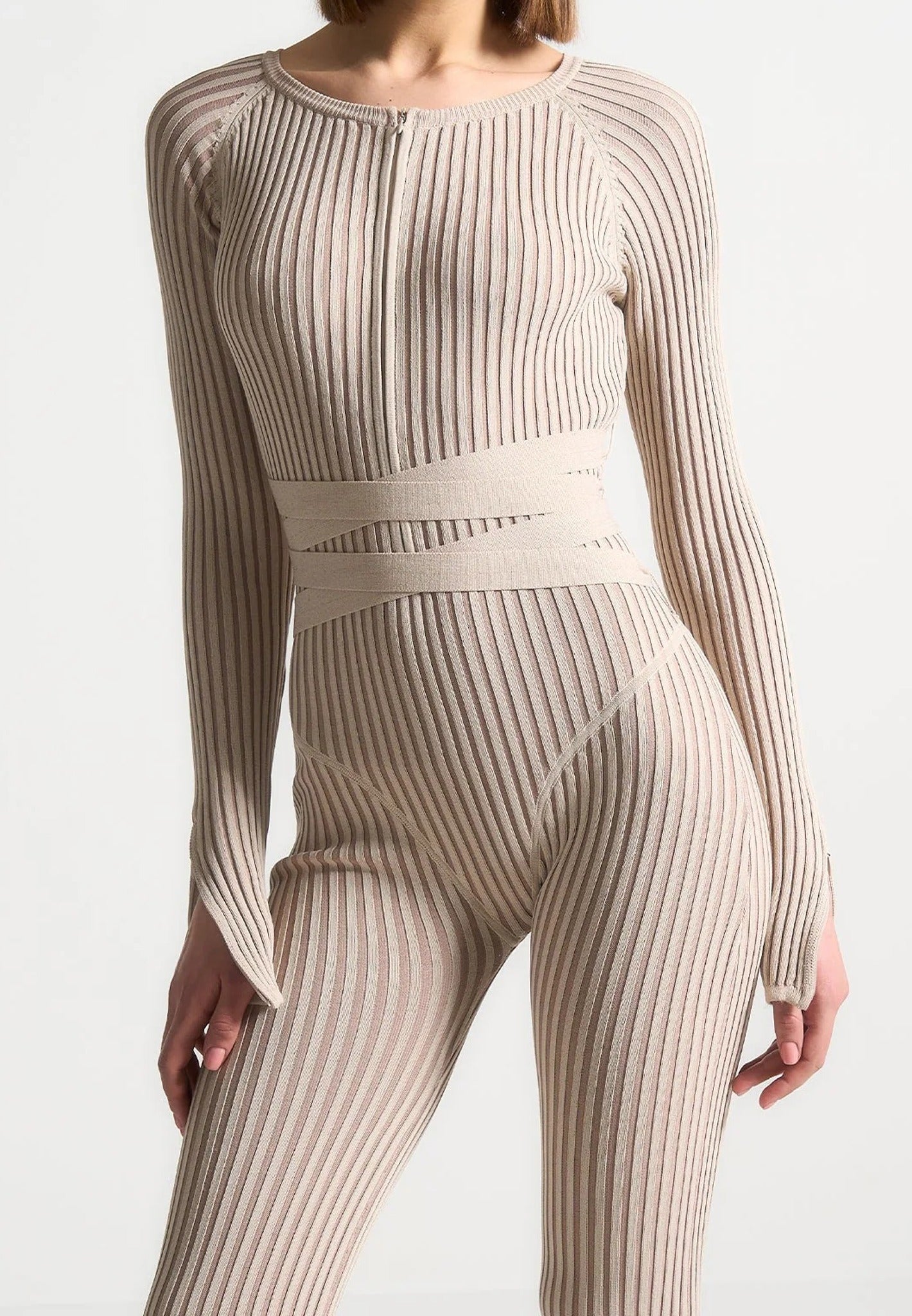 Knitted Two Tone Jumpsuit with Belt - Beige/Taupe