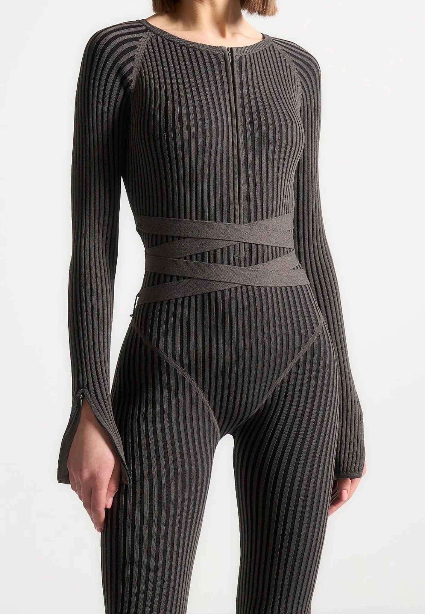 Knitted Two Tone Jumpsuit with Belt - Grey/Black
