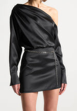 Off Shoulder Draped Satin Mini Dress with Belt - Black
