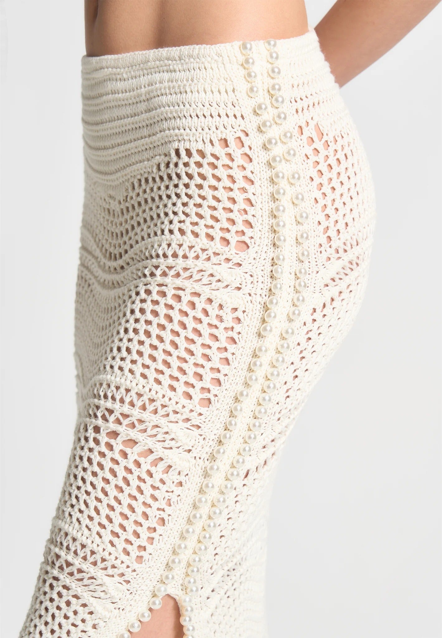 Pearl Applique Crochet Maxi Skirt - Cream 