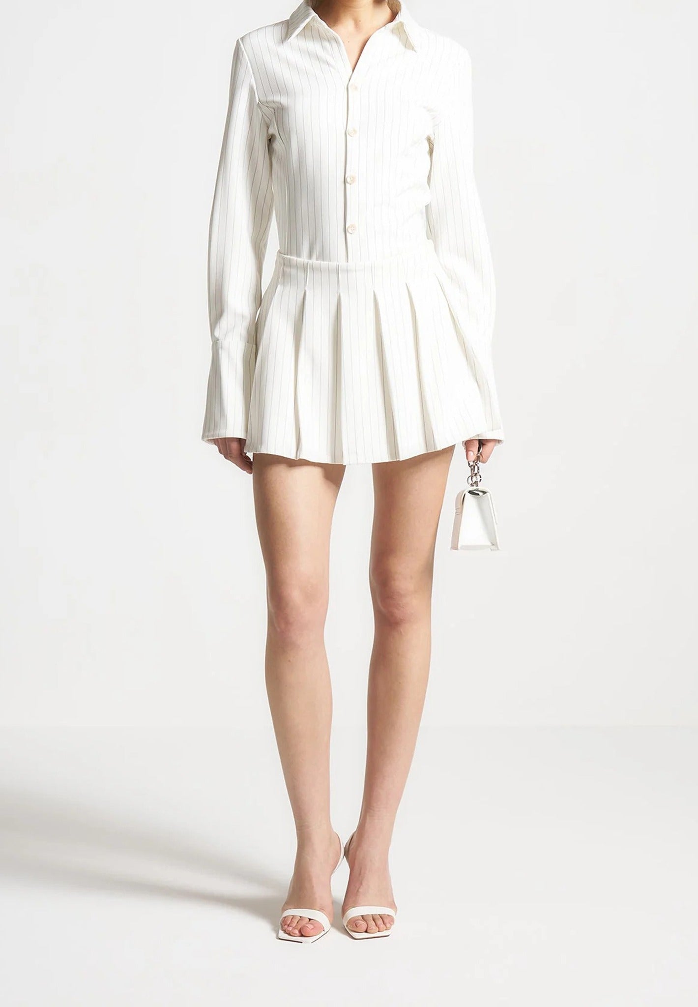 Rina - Pinstripe Pleated Skort - White 