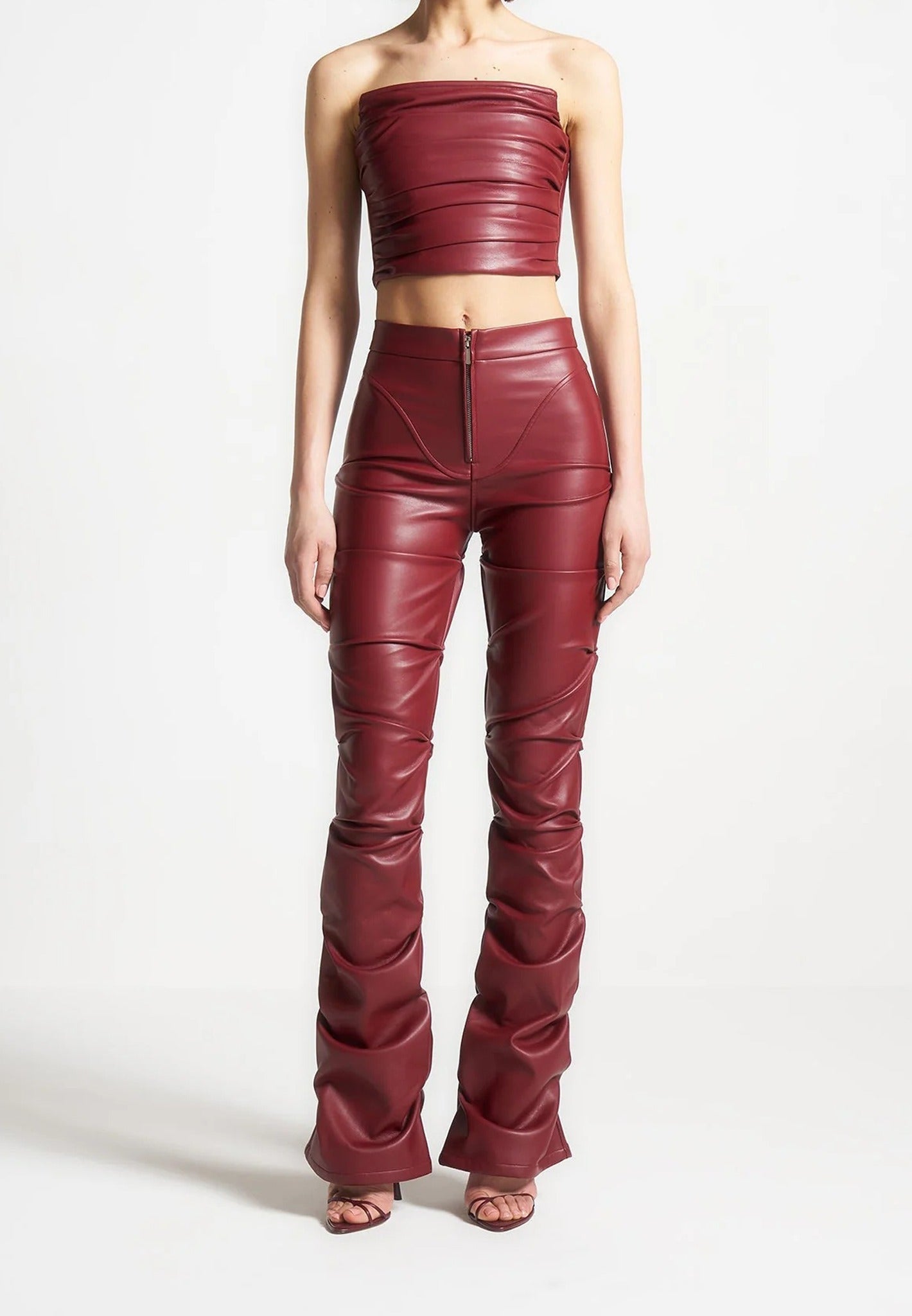 Pleated Bandeau Leather Corset Top - Wine Red