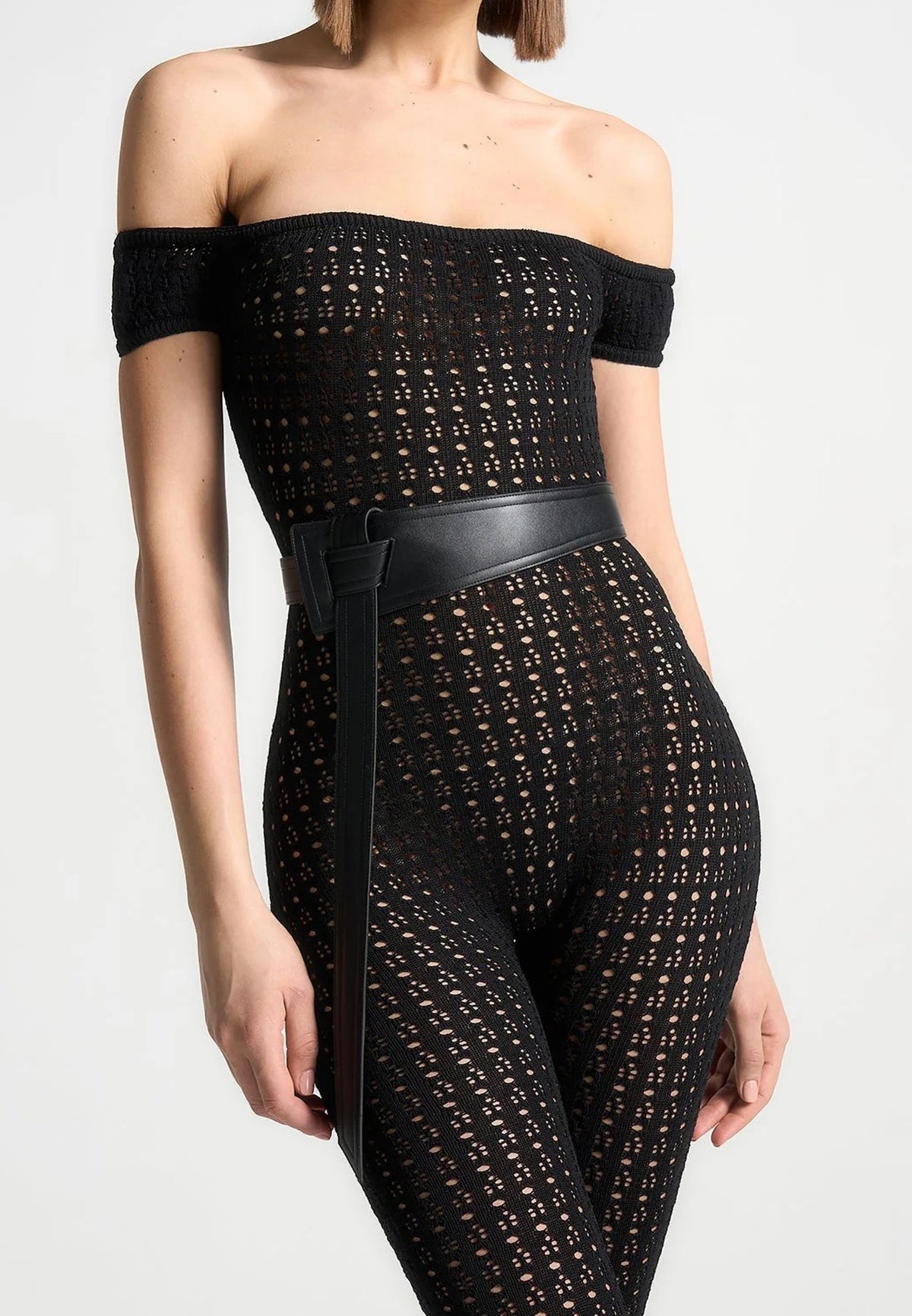 Martine - Pointelle Knit Bardot Jumpsuit with Belt - Black