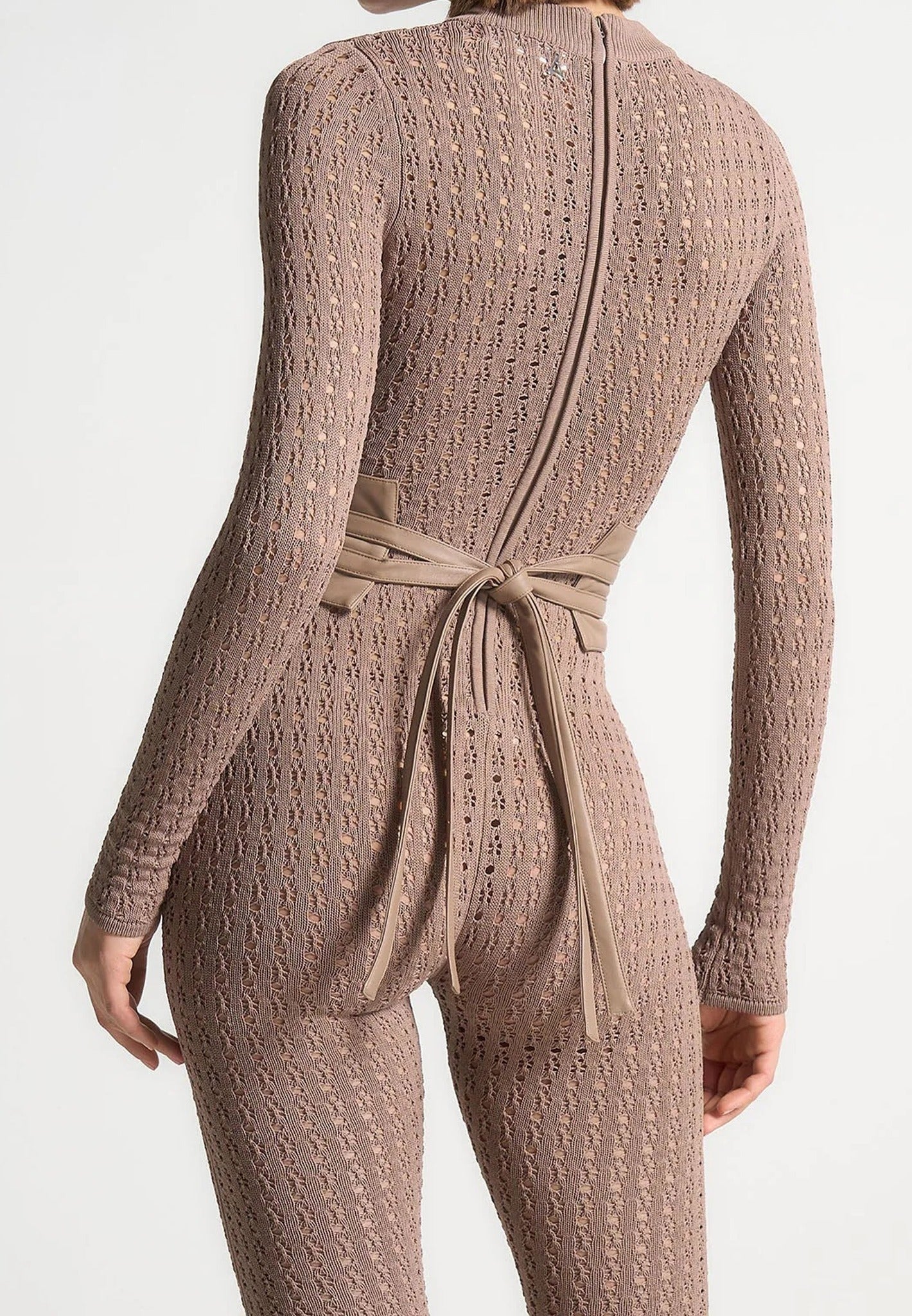 Chantal - Pointelle Knit Long Sleeve Jumpsuit with Belt - Taupe
