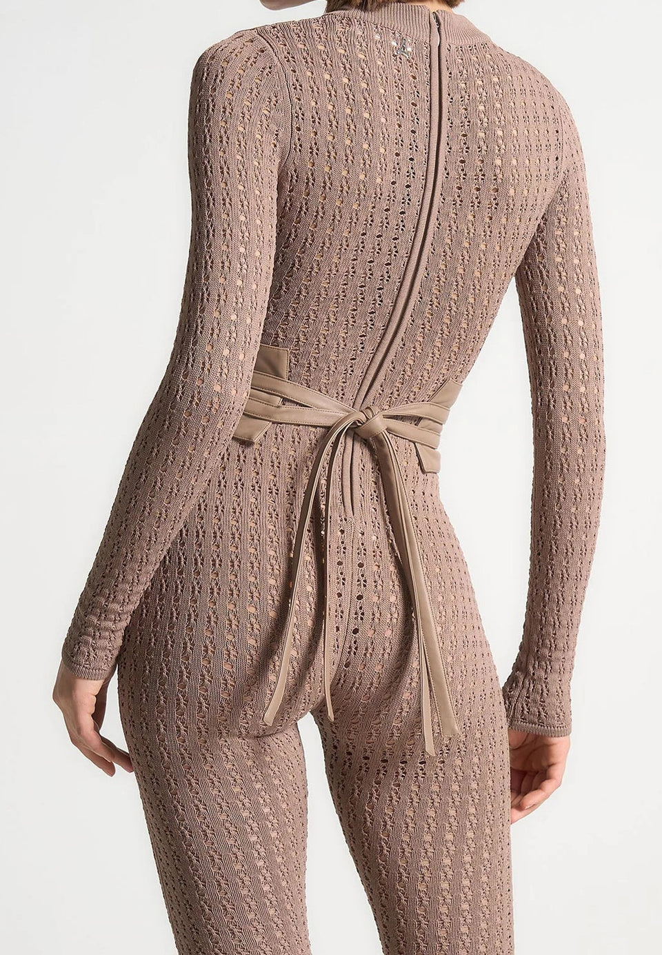 Chantal - Pointelle Knit Long Sleeve Jumpsuit with Belt - Taupe