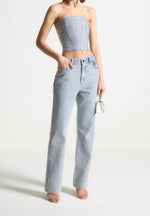 Alma - Rhinestone Eiffel Straight Leg Jeans - Mid Blue