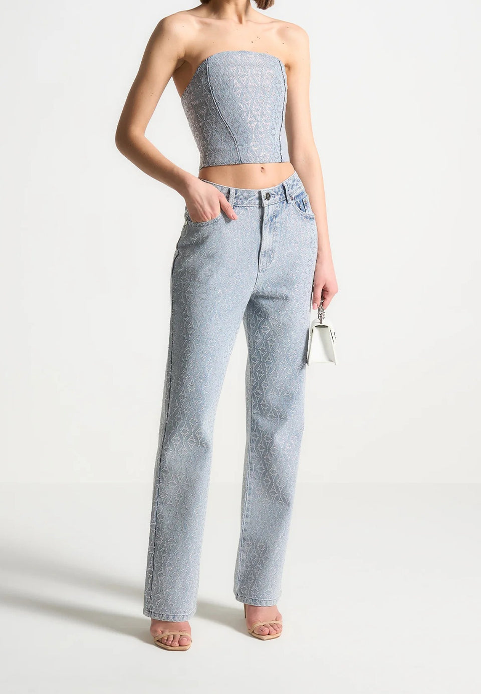 Alma - Rhinestone Eiffel Straight Leg Jeans - Mid Blue