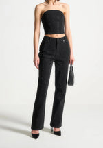 Rhinestone Eiffel Denim Bandeau Corset Top - Black