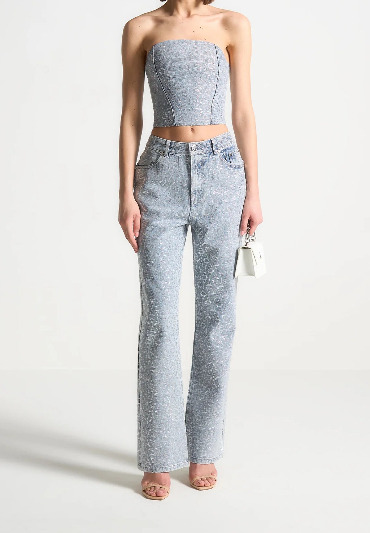 Rhinestone Eiffel Denim Bandeau Corset Top - Mid Blue