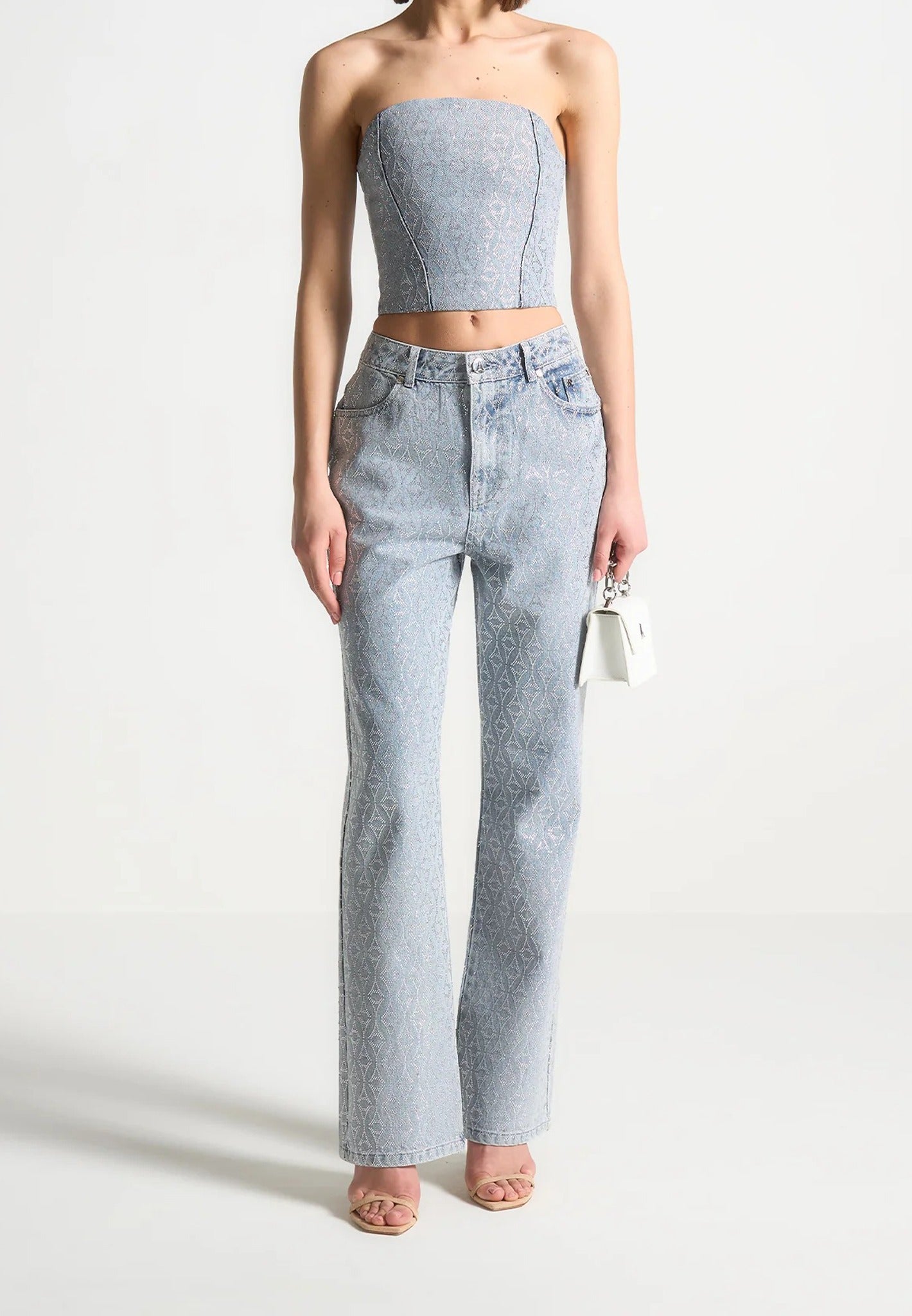 Rhinestone Eiffel Denim Bandeau Corset Top - Mid Blue