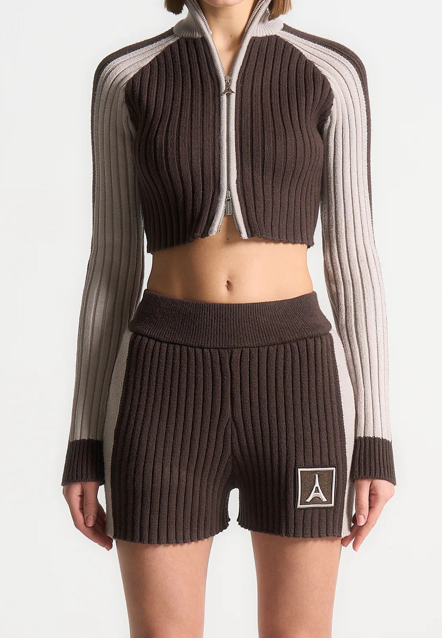 Rib Knit Track Jacket - Brown/Beige