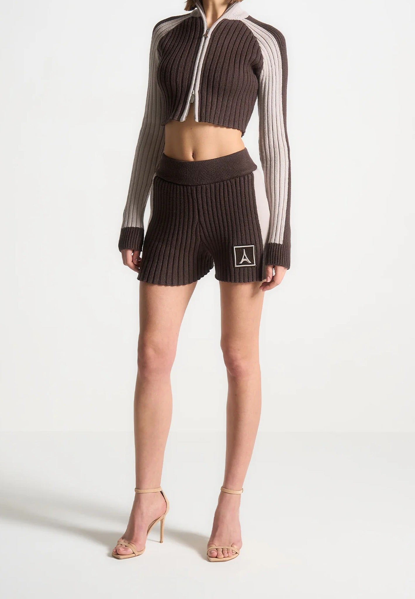Rib Knit Track Shorts - Brown/Beige