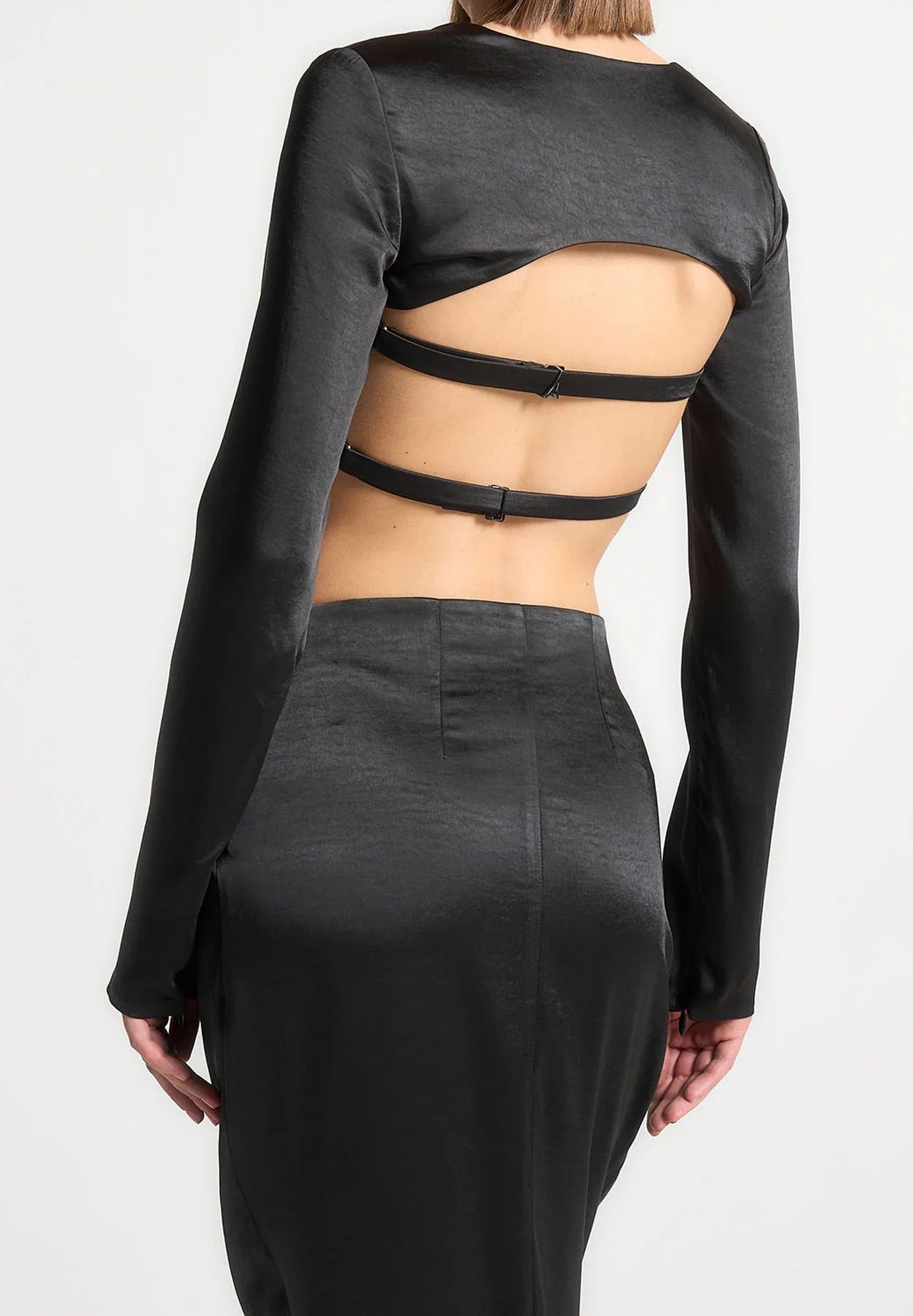 Satin Drape Bandeau Bolero Top - Black
