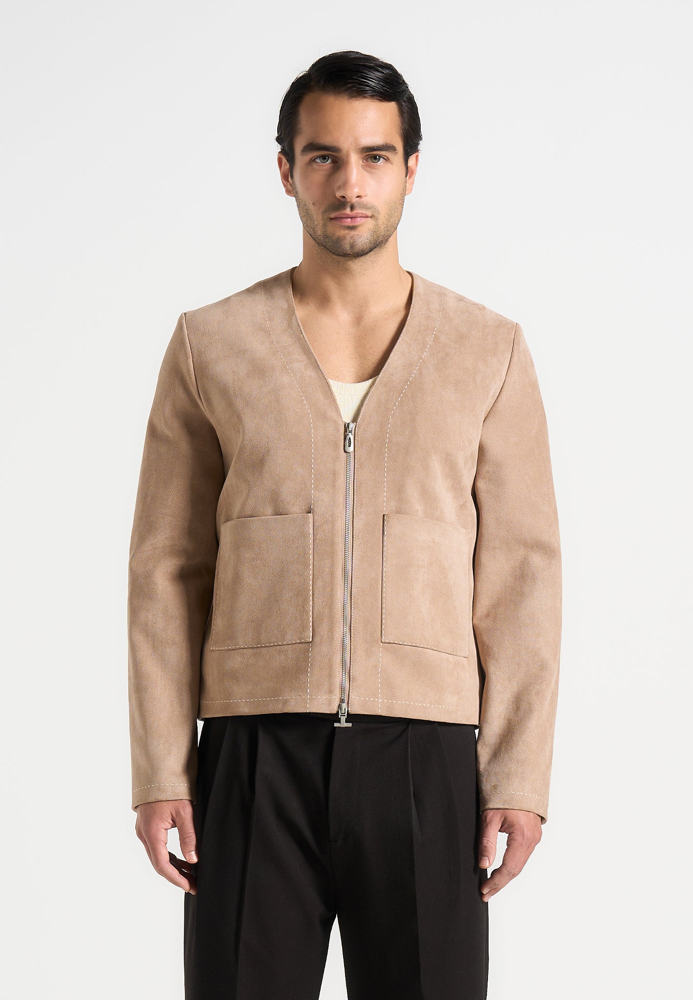 Maxime - Suede Zip Jacket With Contrast Stitch - Beige