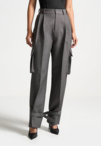 Danielle - Textured Tailored Pleated Cargo Trousers - Grey Marl