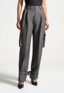 D⁠anielle - Textured Tailored Pleated Cargo Trousers - Grey Marl