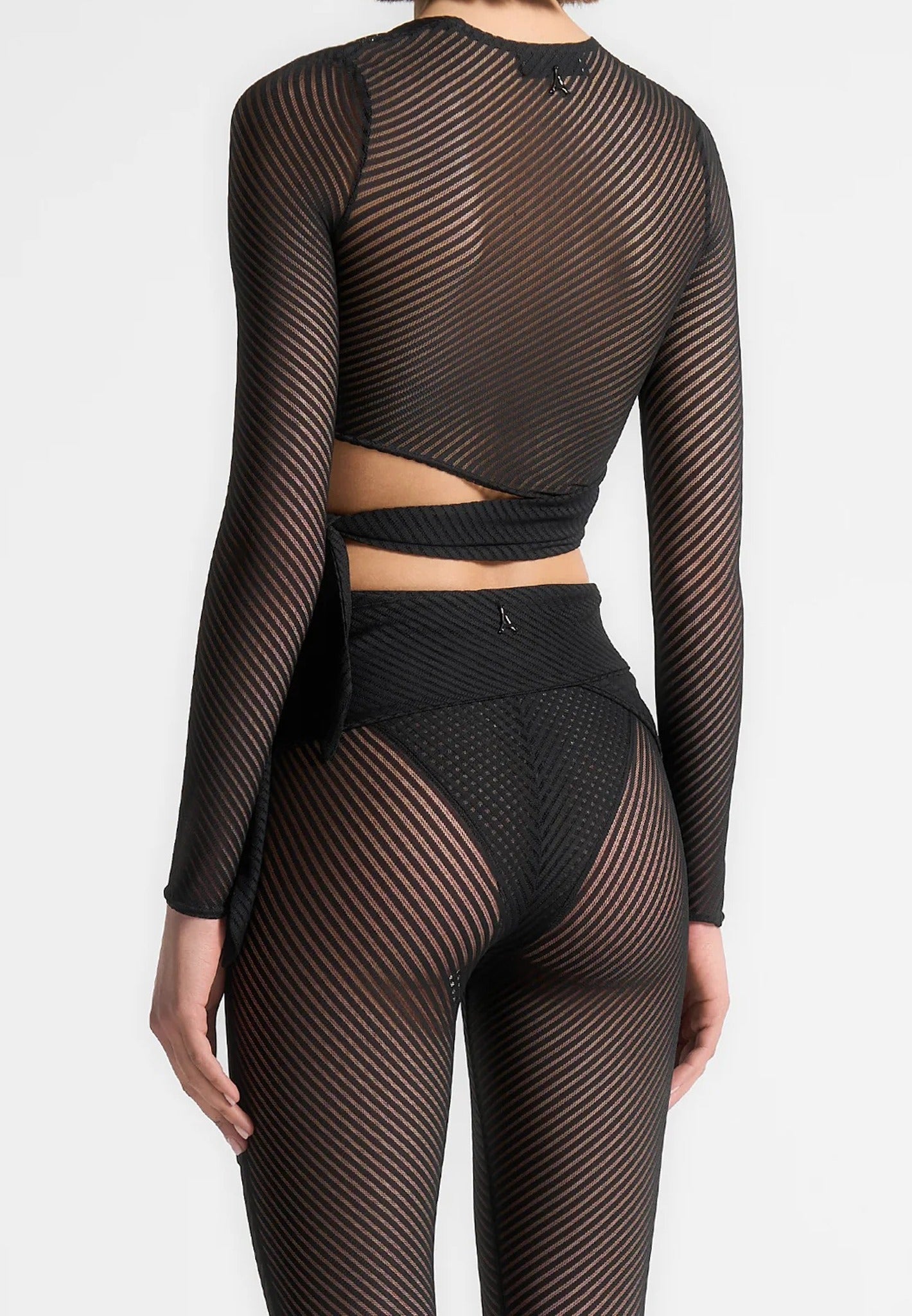 Ribbed Sheer Top with Tie - Black