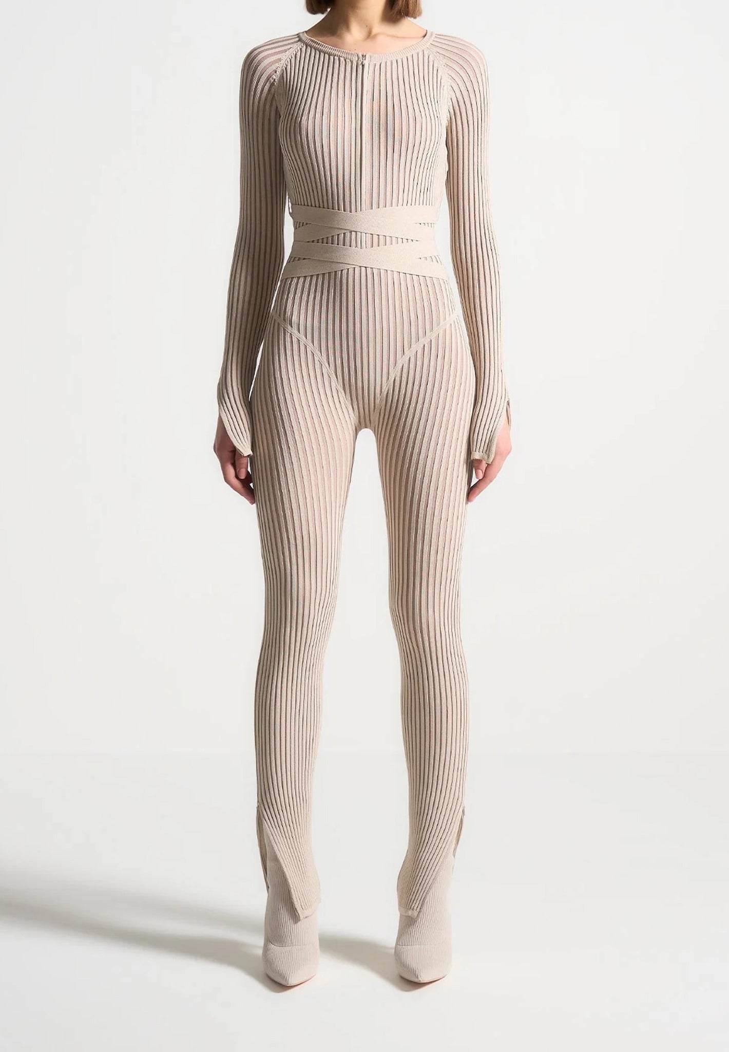 Knitted Two Tone Jumpsuit with Belt - Beige/Taupe