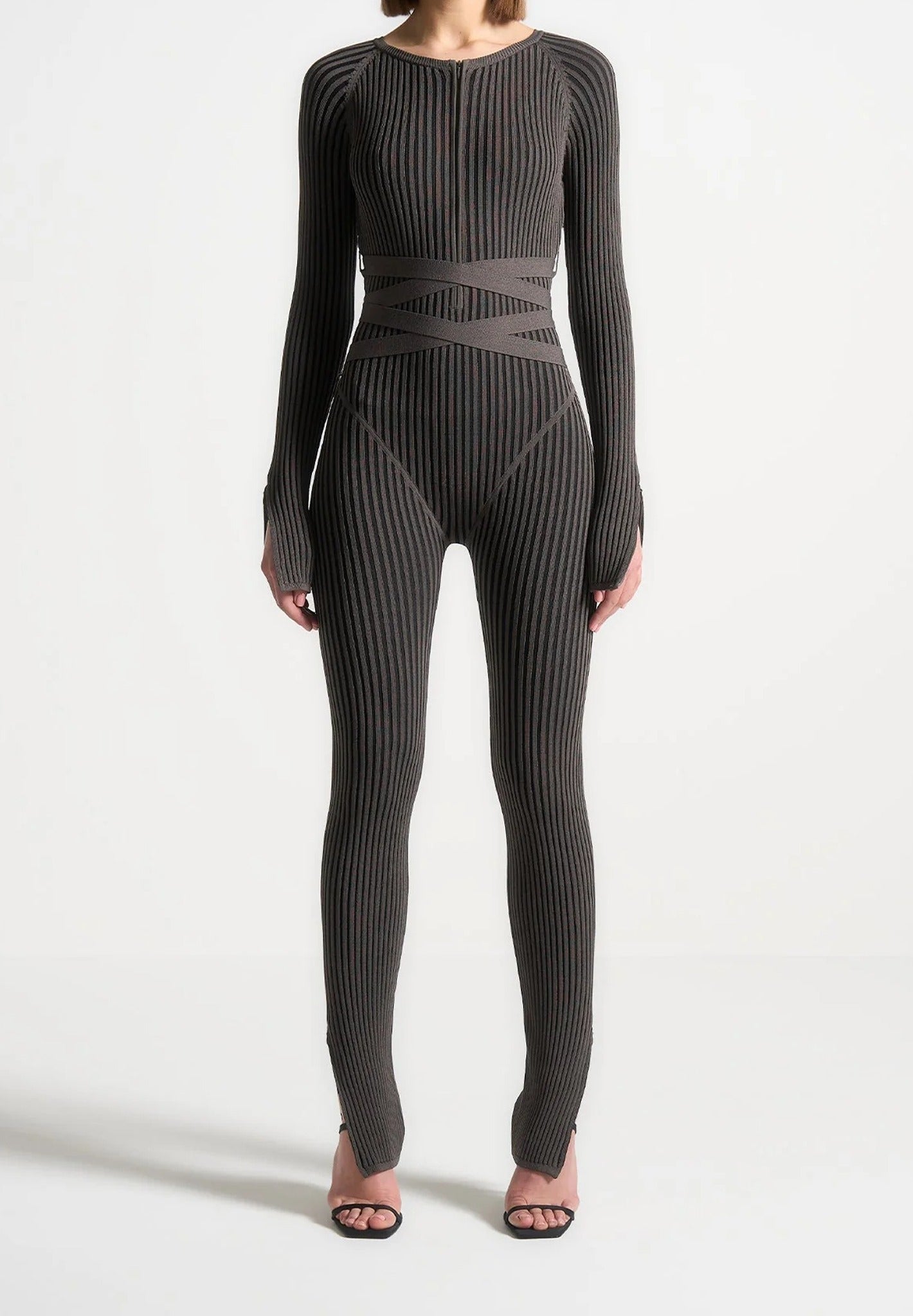 Knitted Two Tone Jumpsuit with Belt - Grey/Black