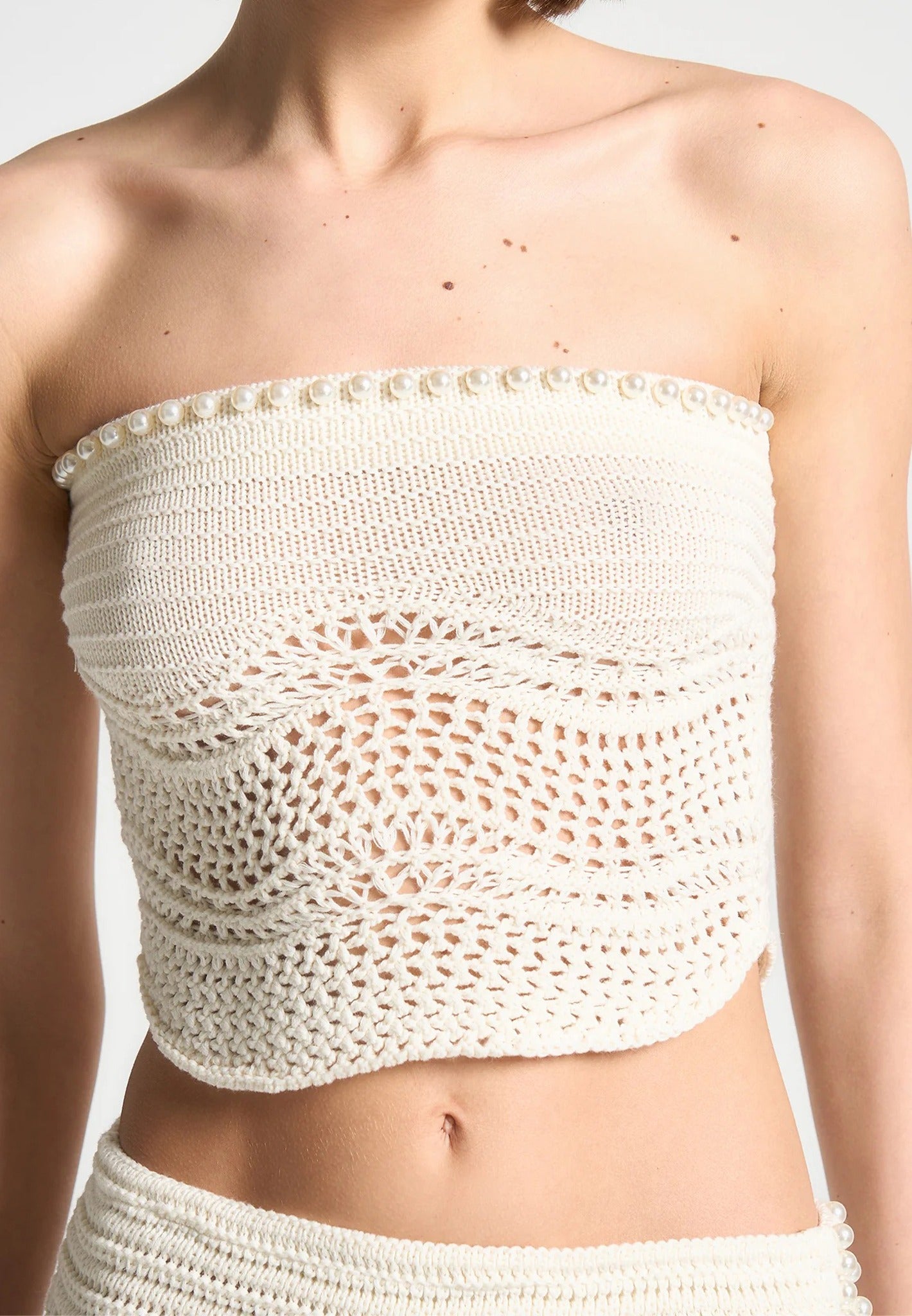 Pearl Applique Crochet Bandeau Top - Cream