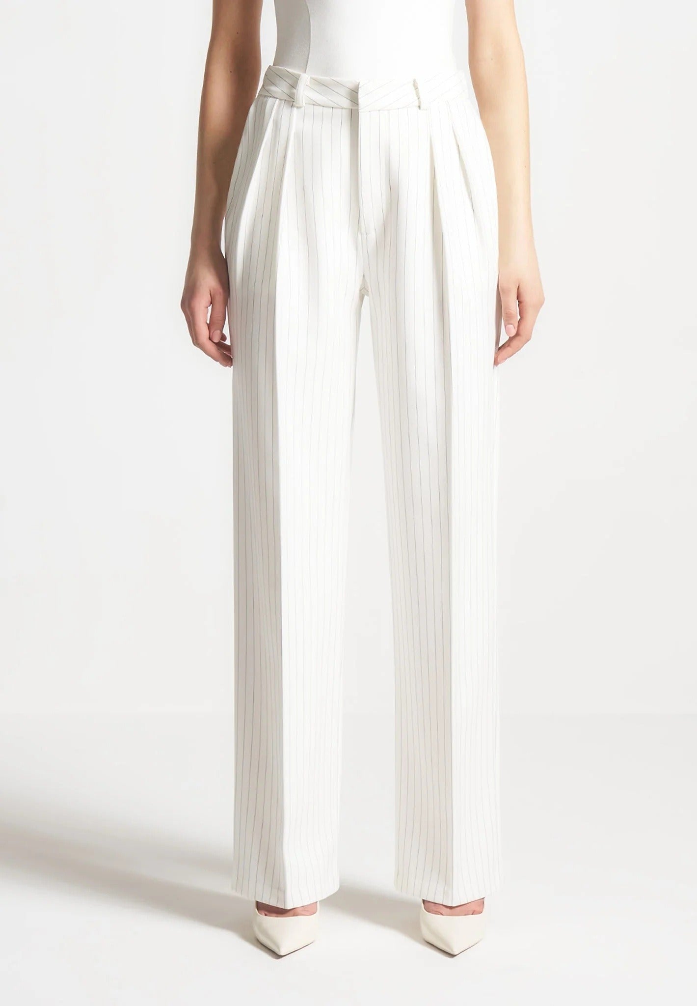 Julie - Pinstripe Twin Pleat Tailored Trousers - White