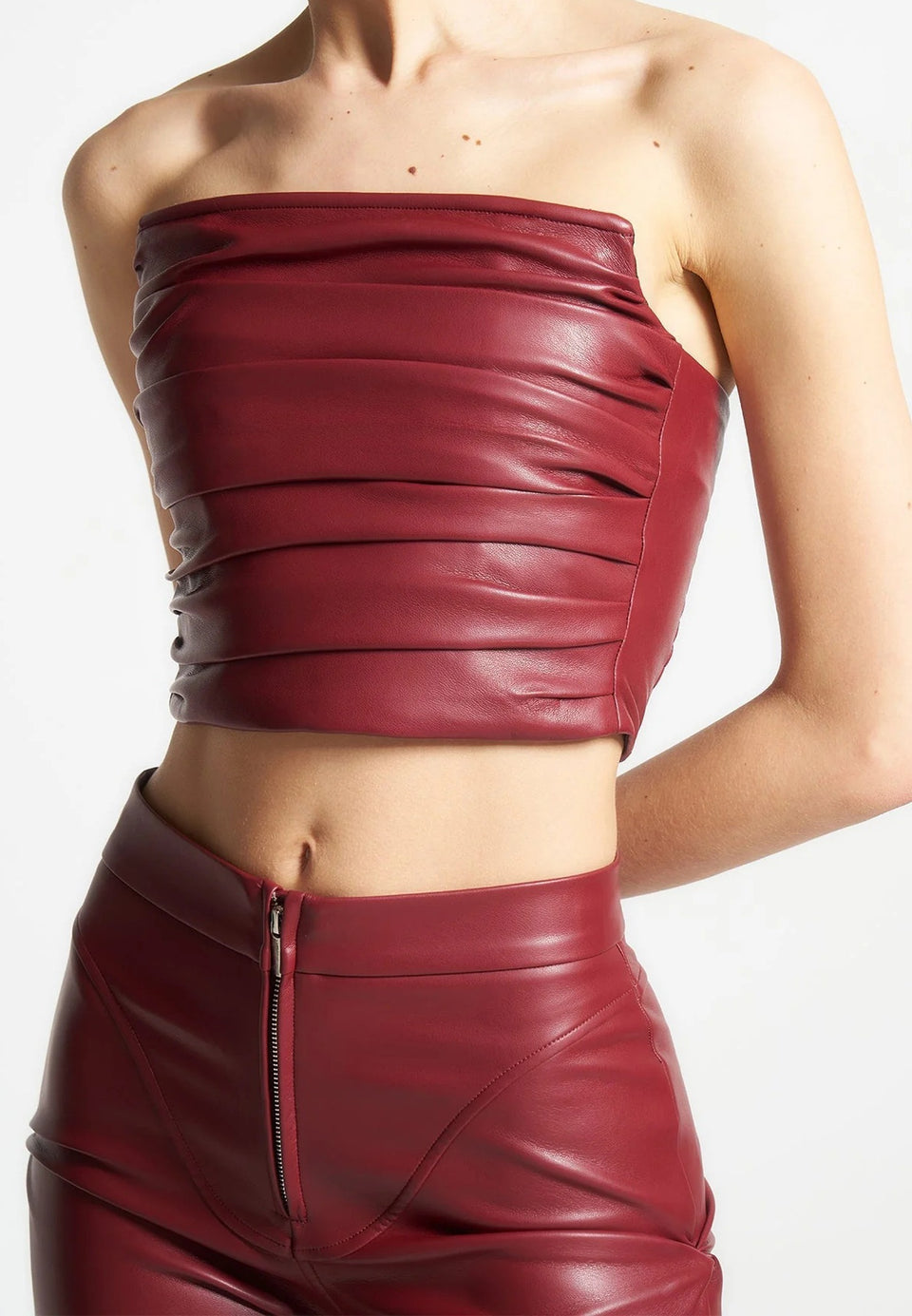 Pleated Bandeau Leather Corset Top - Wine Red
