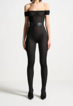 Martine - Pointelle Knit Bardot Jumpsuit with Belt - Black