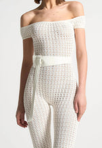 Martine - Pointelle Knit Bardot Jumpsuit with Belt - Cream