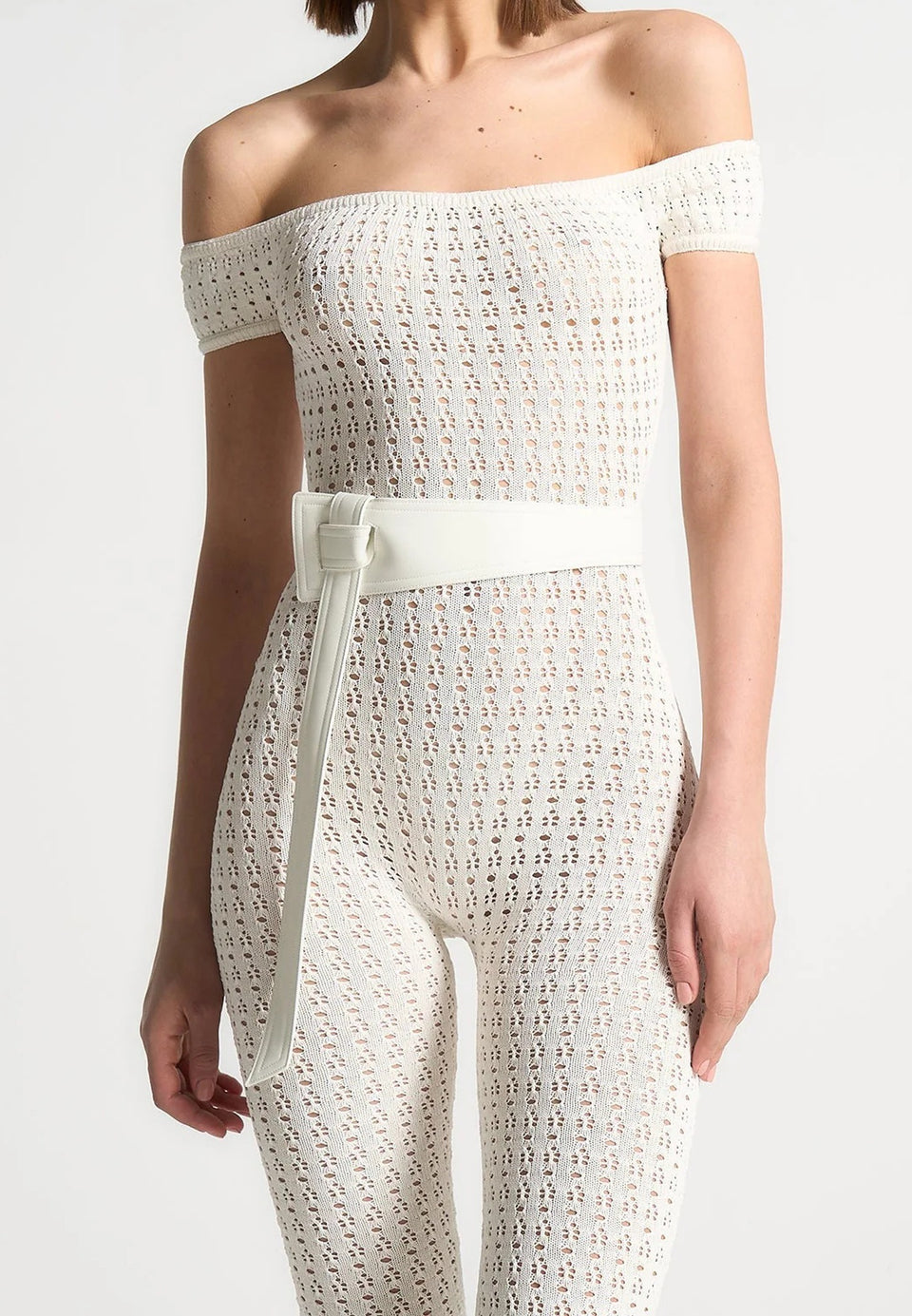 Martine - Pointelle Knit Bardot Jumpsuit with Belt - Cream