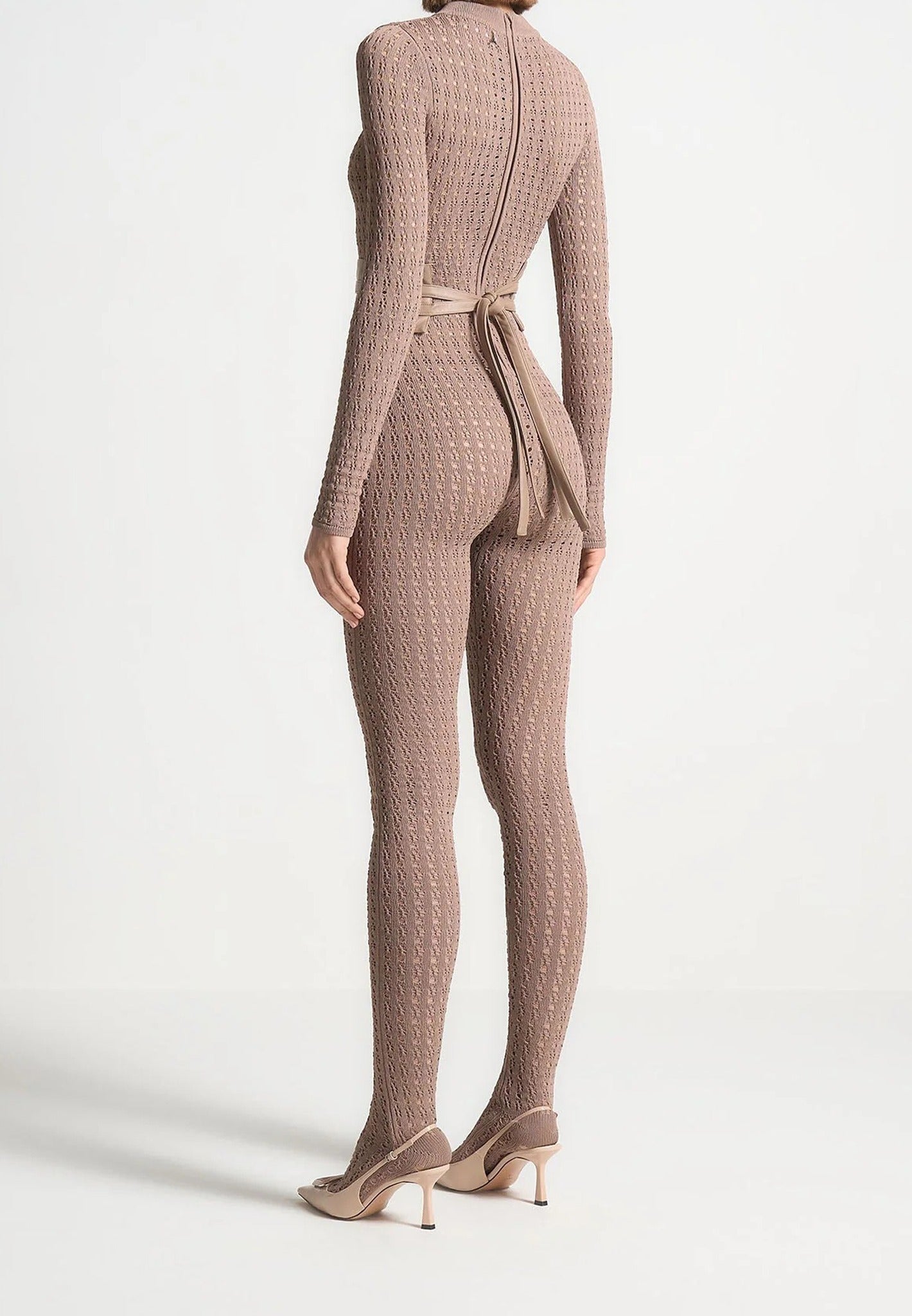 Chantal - Pointelle Knit Long Sleeve Jumpsuit with Belt - Taupe