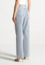 Alma - Rhinestone Eiffel Straight Leg Jeans - Mid Blue
