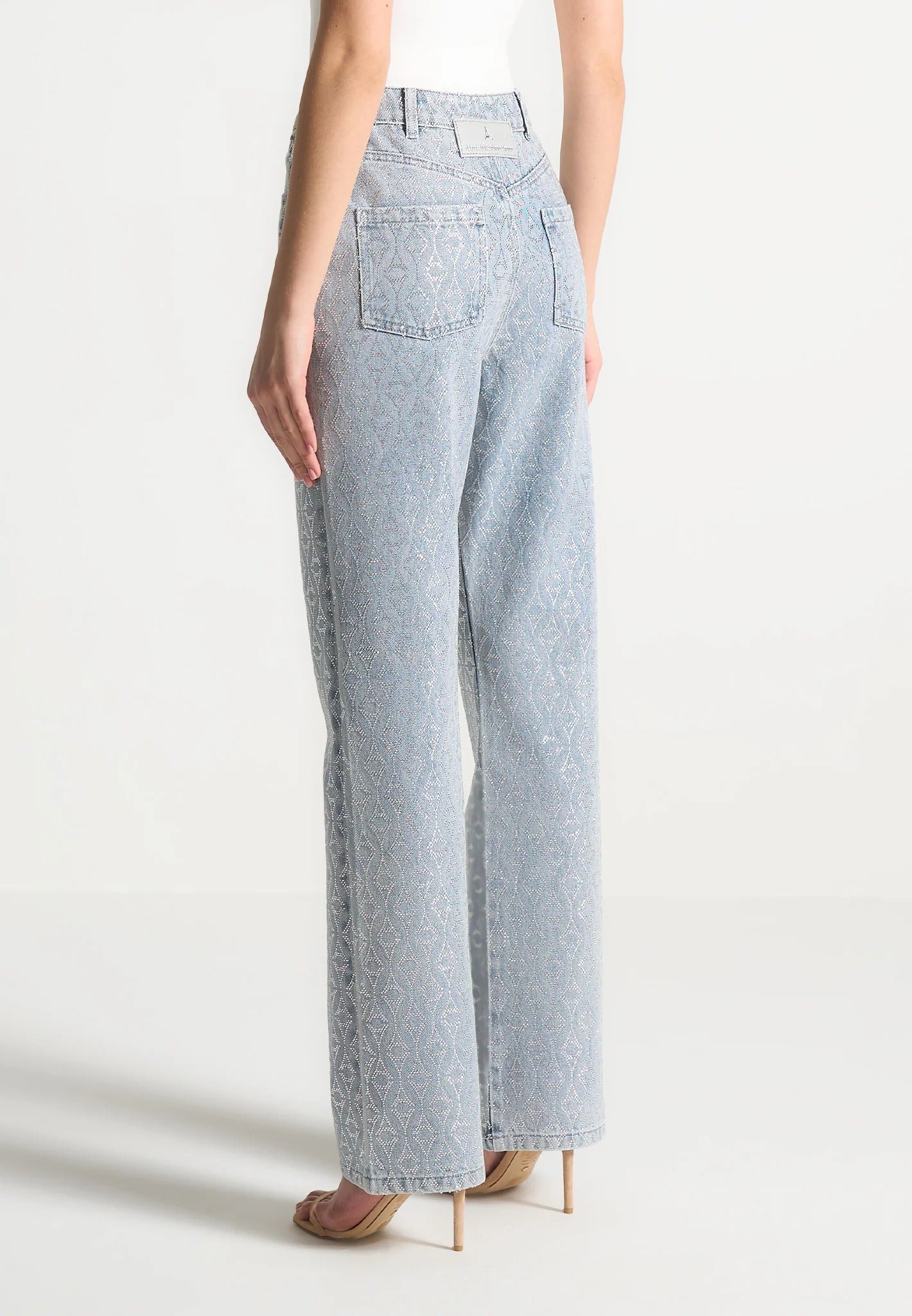Alma - Rhinestone Eiffel Straight Leg Jeans - Mid Blue