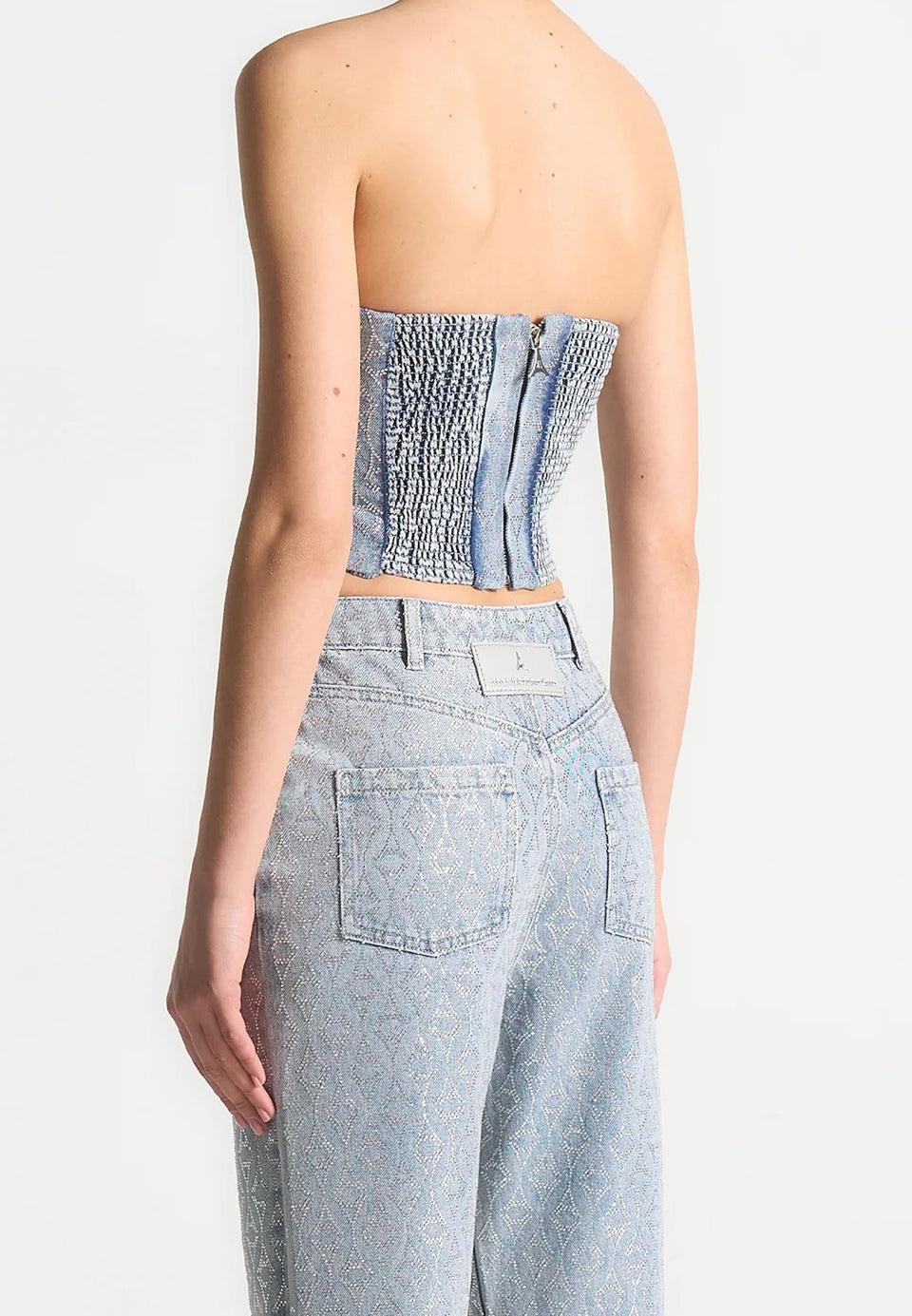 Rhinestone Eiffel Denim Bandeau Corset Top - Mid Blue
