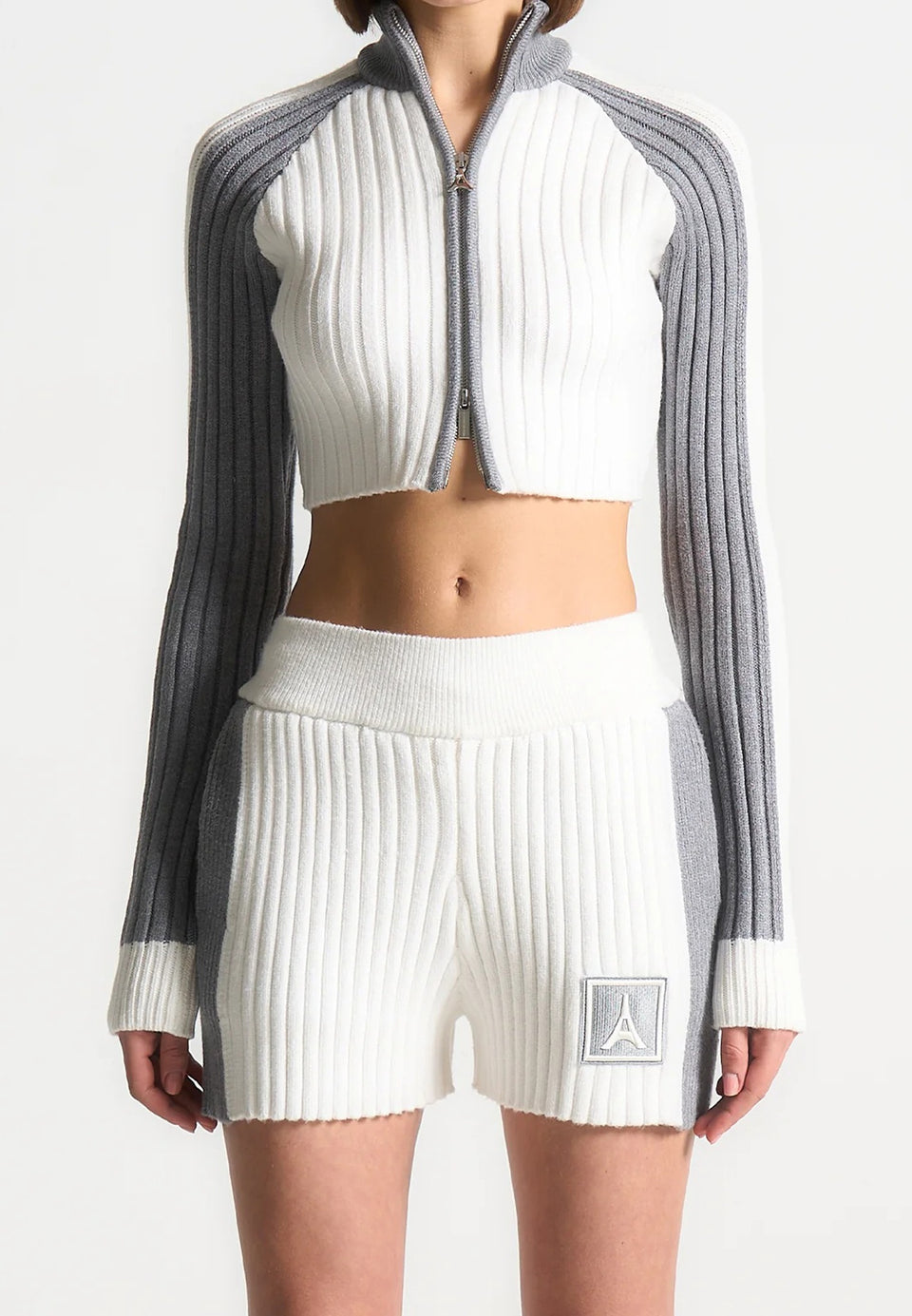 Rib Knit Track Jacket - Off White/Grey